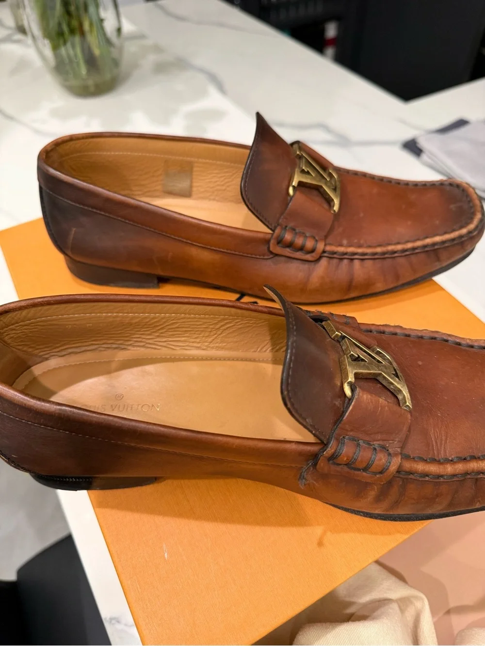 Louis Vuitton Montaigne Brown Leather LV Logo Loafers Authentic Box & Receipt